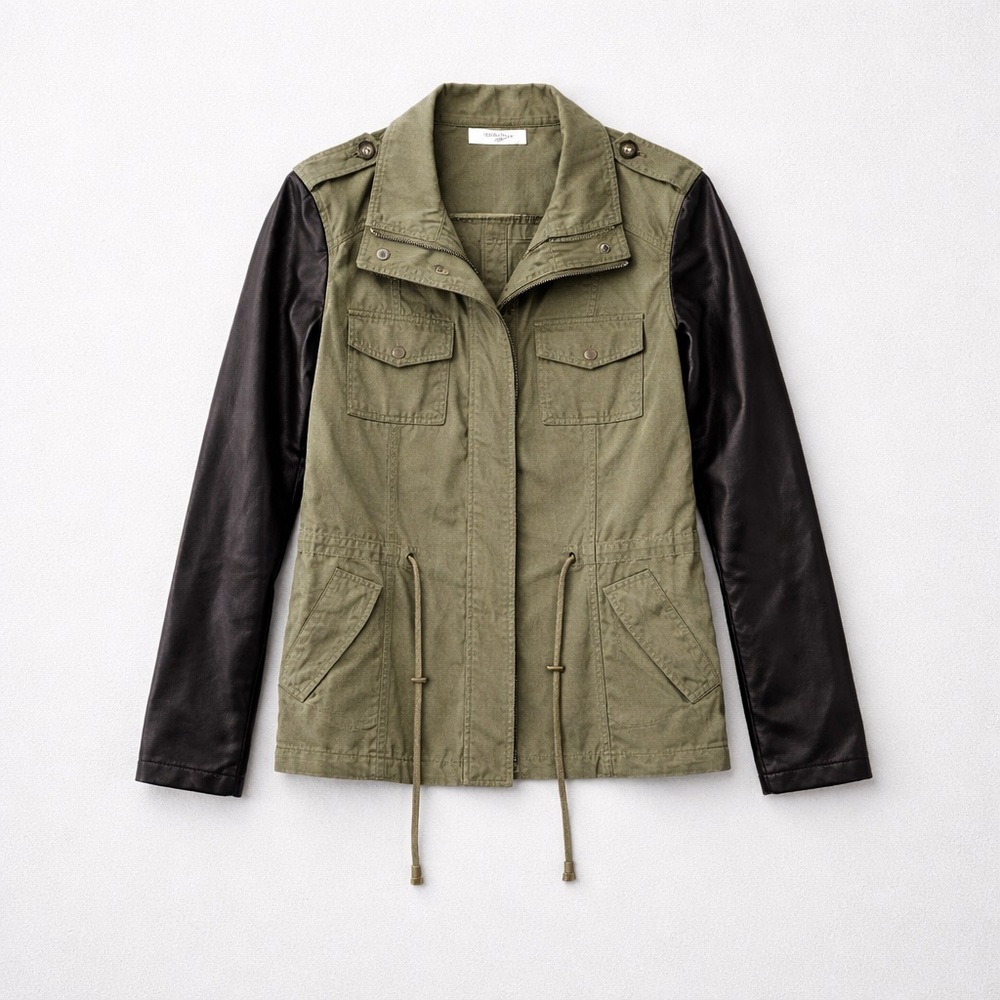 Liquid Utility Jacket XL Olive & Black Faux Leather Sleeve Military Style